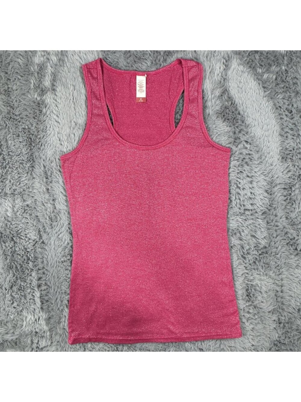 Womens Sparkly Pink Racerback Tank Top Size Medium Polyester Blend Stretch NEW